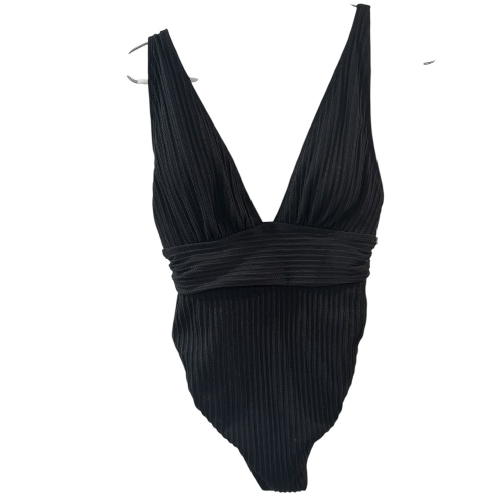 SHEIN Maternity Black Ribbed Plunge One-Piece Swimsuit